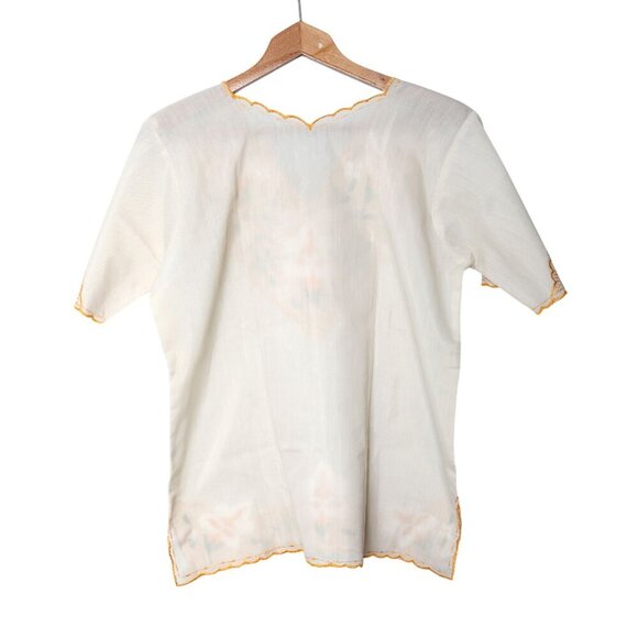 Vintage Ethnic Floral Embroidered Top Short Sleeve Shirt Mexico Yellow Cream - Picture 6 of 10
